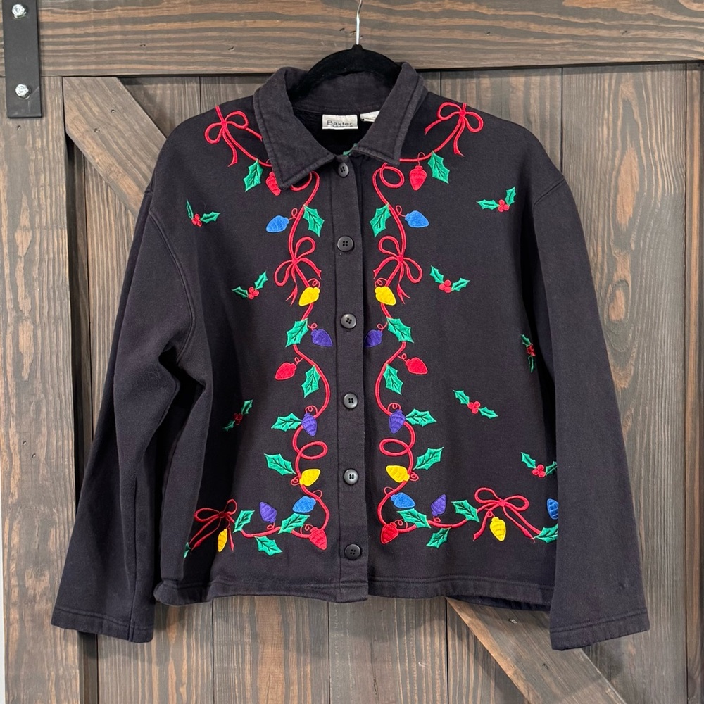 Baxter‎ & Wells Women’s Christmas Lights Cardigan Black Button Up Size Large